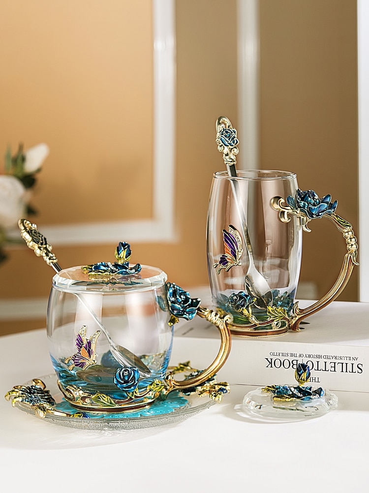 1pc emalj glas kopp kaffe mjölk dryck blomma te kopp set med lock sked box par vänner kopp värmebeständig
