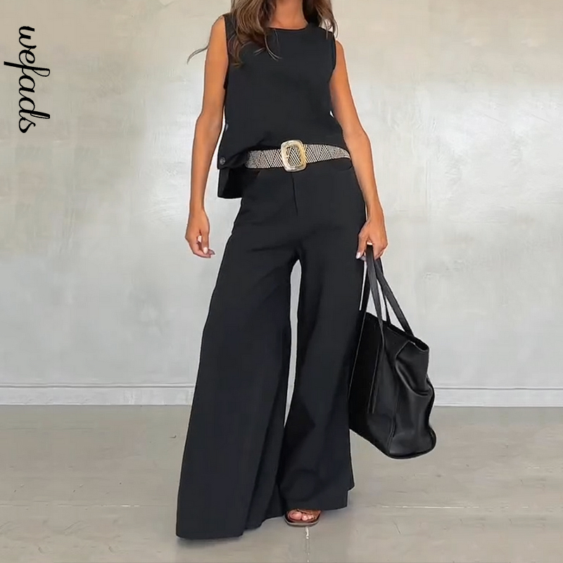 Wefads Two Piece Set Women Casual Simple Solid Sleeveless Round Neck Vest Pullover Top Loose Wide Legs Pants Sets: XL