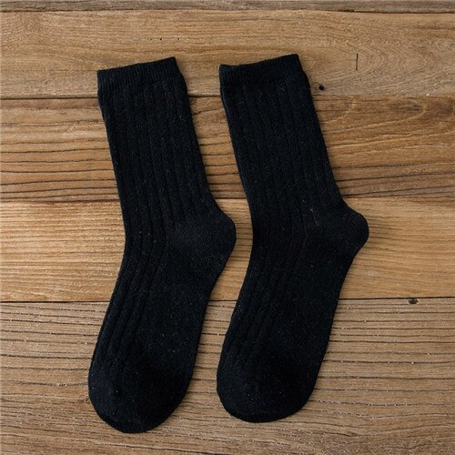 Chaozhu Herfst Winter Wol Dikker Warm Basic Effen Kleuren Sokken Rib Losse Gestapelde Basics Sokken Vrouwen: Black