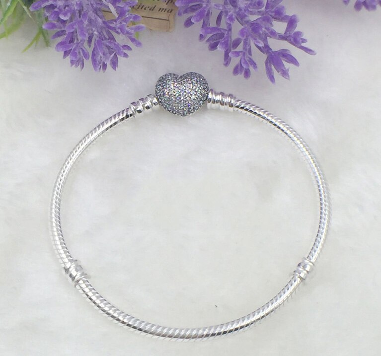 Moments originaux pavé coeur fermoir avec Bracelet en cristal Bracelet en forme de perle en argent Sterling 925 Bracelet à breloques bricolage bijoux fins