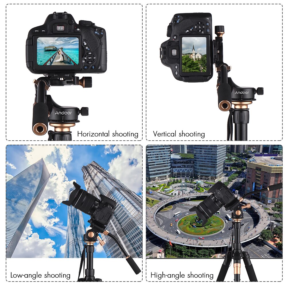 Andoer Q08S 3-Way Damping Video Head Tripod Head Pan Bar Handle 1/4" 3/8" Screw Mount Hole for DSLR ILDC Camera Tripod Monopod