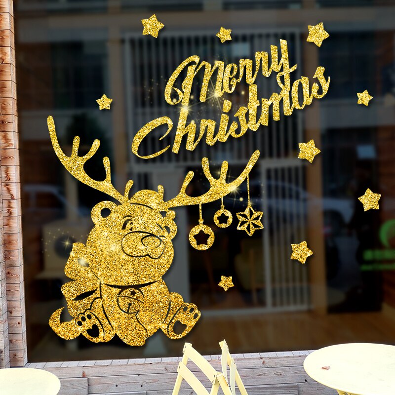 Gold Powder Merry Christmas Sticker Window Kids room Christmas Tree Wall Sticker Home Decals Decoration Year wallpaper