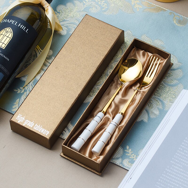 Cathylin Ceramic Handle Western Flatware 4 pcs Stainless Steel Cutlery Set Knife Fork Spoon Teaspoon Dinner Set Dinnerware Set: Big 2pcs set