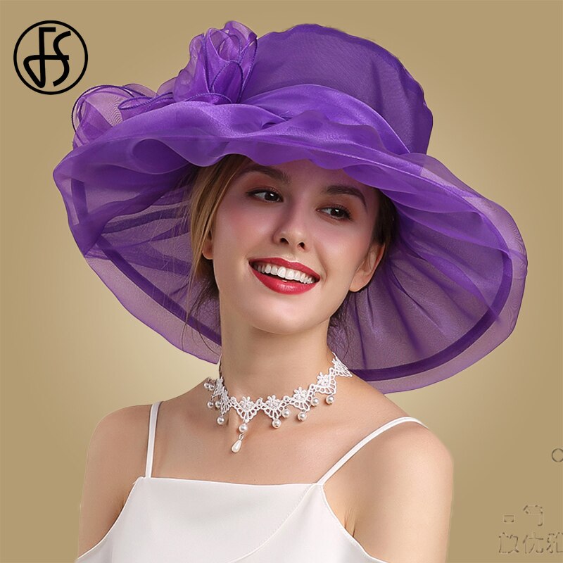 Sombreros de Organza de ala ancha para mujer, sombreros para la Iglesia, sombreros para el sol con flores grandes, plegables, color blanco y rosa, color púrpura
