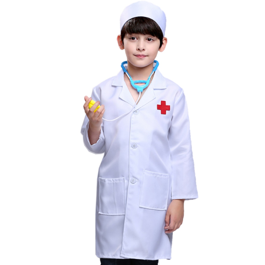 Dokter rollenspel, dokterskostuum voor 90/110/130 cm kinderen, lange mouwen en pet
