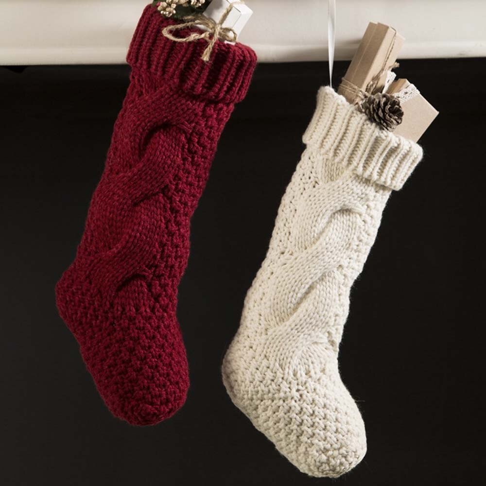 Besegad 4pcs DIY Hanging Christmas Knitted Stockings Plush Candy Sock Red Cloth Pouch Bag Stocking Xmas Tree Decoration Toy