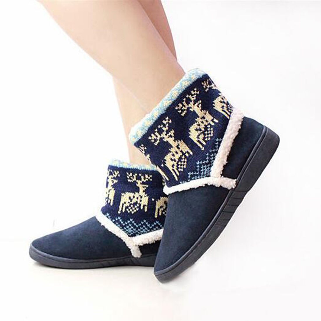 Botas de nieve de invierno con estampado de ciervo, botines gruesos de alce para mujer, par de botas de felpa, botas cortas para interiores con forro de piel