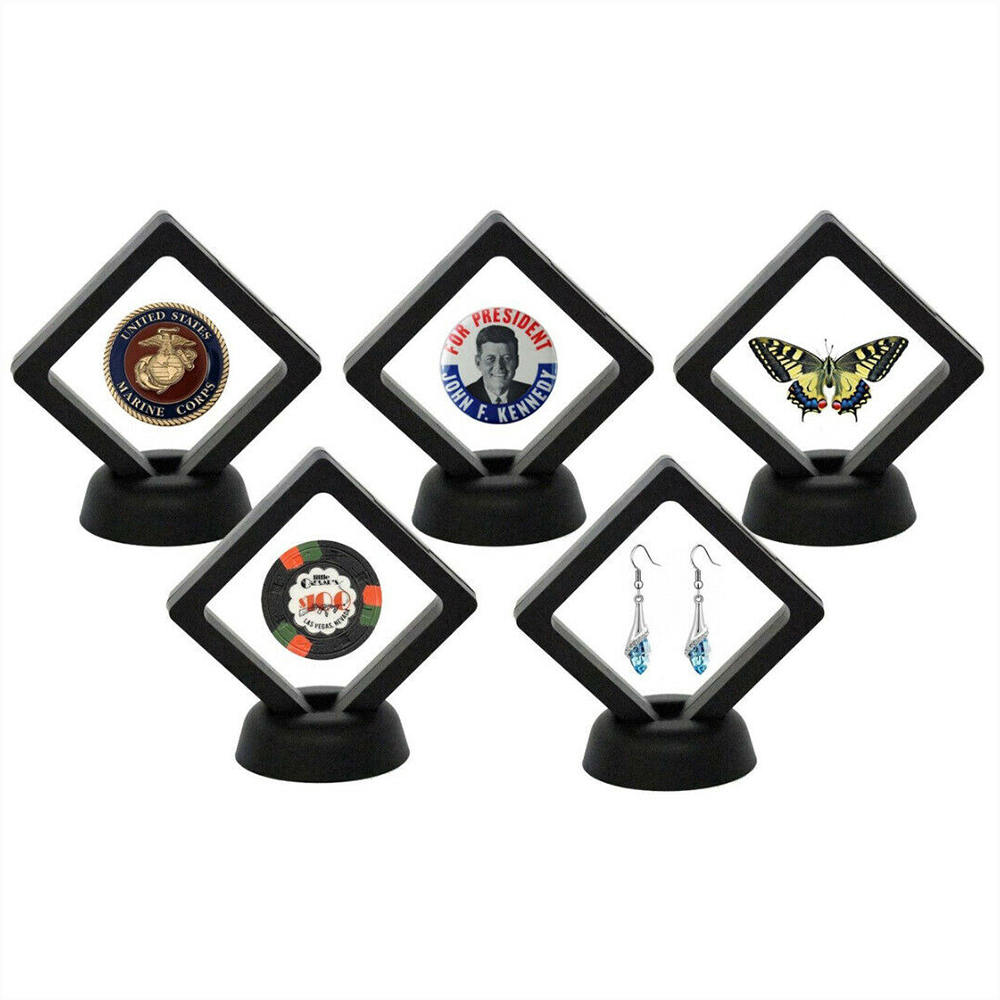 2 stk sæt 90*90mm sorte 3d flydende mønt display smykker ramme holder æske etui stativ udsøgt opbevaringsstativ
