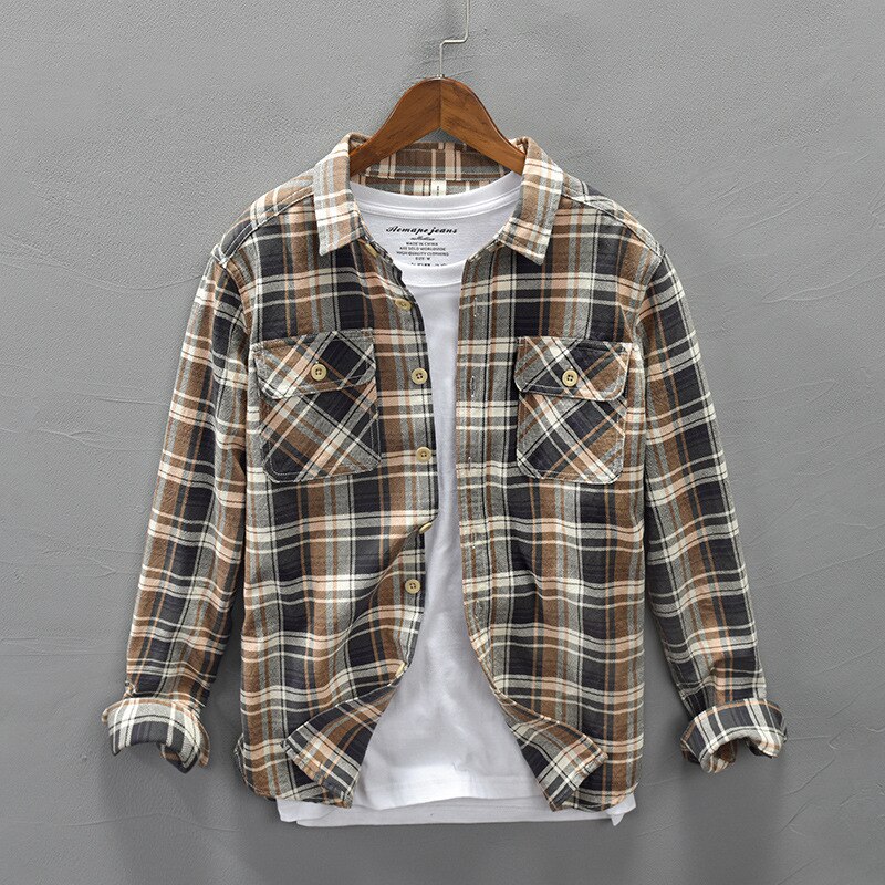 Camisas simples de manga larga estilo japonés a cuadros clásicas con solapa para hombres Harajuku verano otoño bolsillos Tops de algodón ropa de calle con ajuste Delgado: XXL