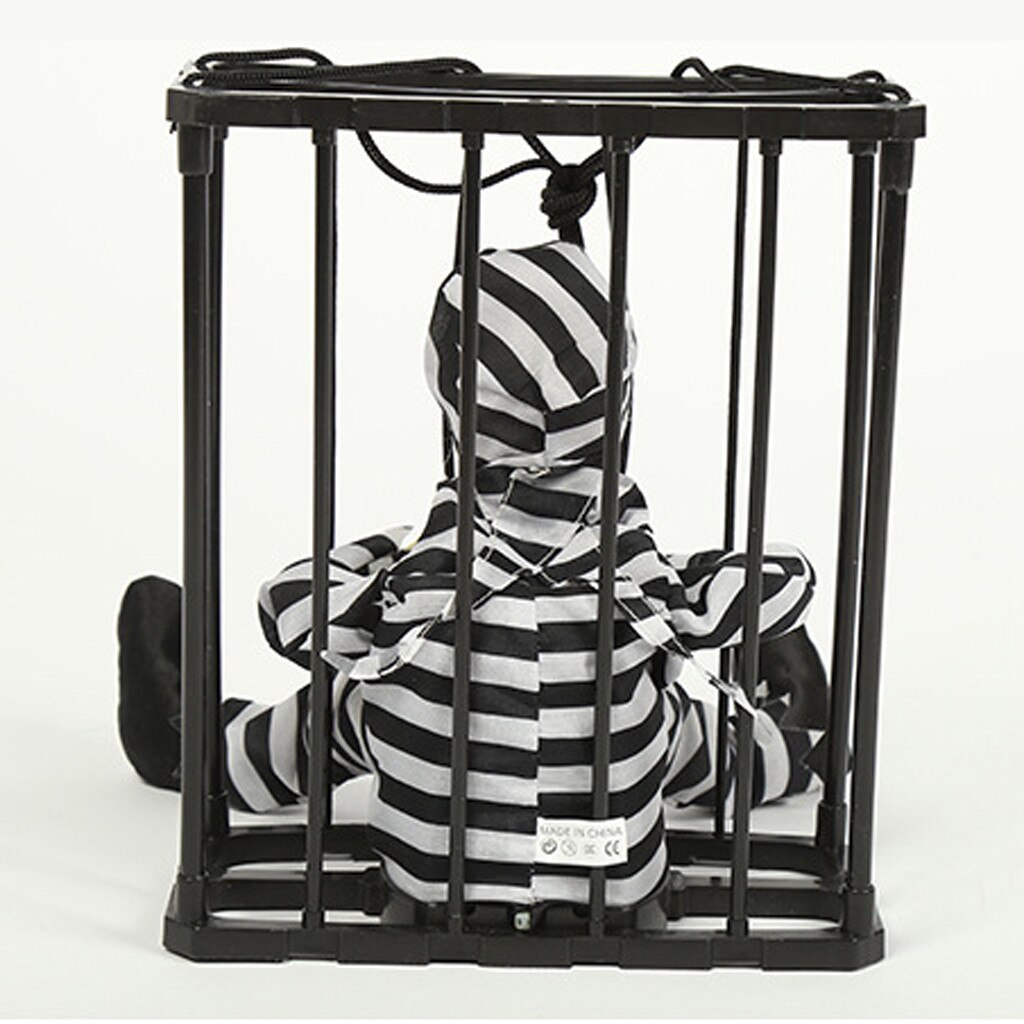 Halloween Hanging Voice-Control Skeleton Prisoner Dressing With Prison Clothes Red Glowing Eye The Skull In Prison shout Decor