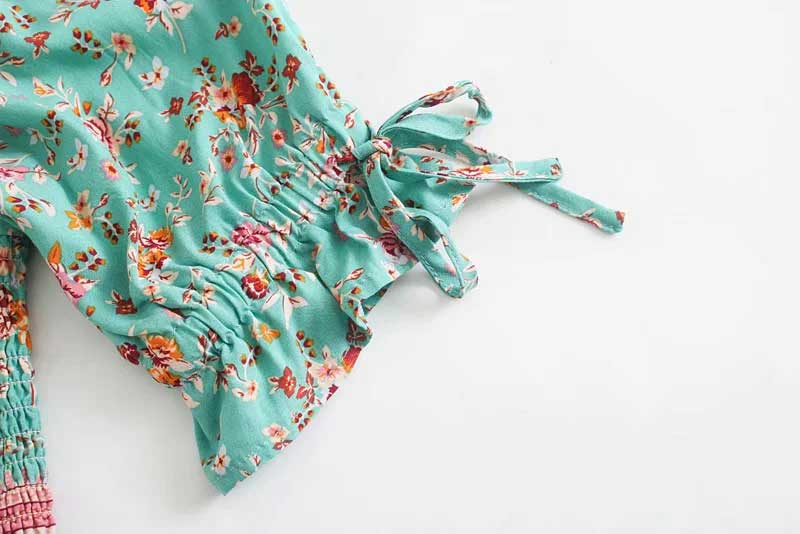 Boho Inspired turquoise boho beach dress cotton square neck short sleeve summer dress bohemian women dress floral print dress