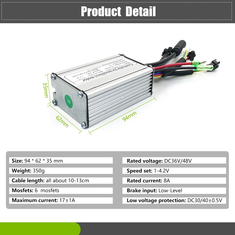 Elektrische Fiets Controller Kt 17A 36V48V 250W 350W 6 Mosfet Borstelloze Motor Controller Met Licht Functie Voor Conversie kit