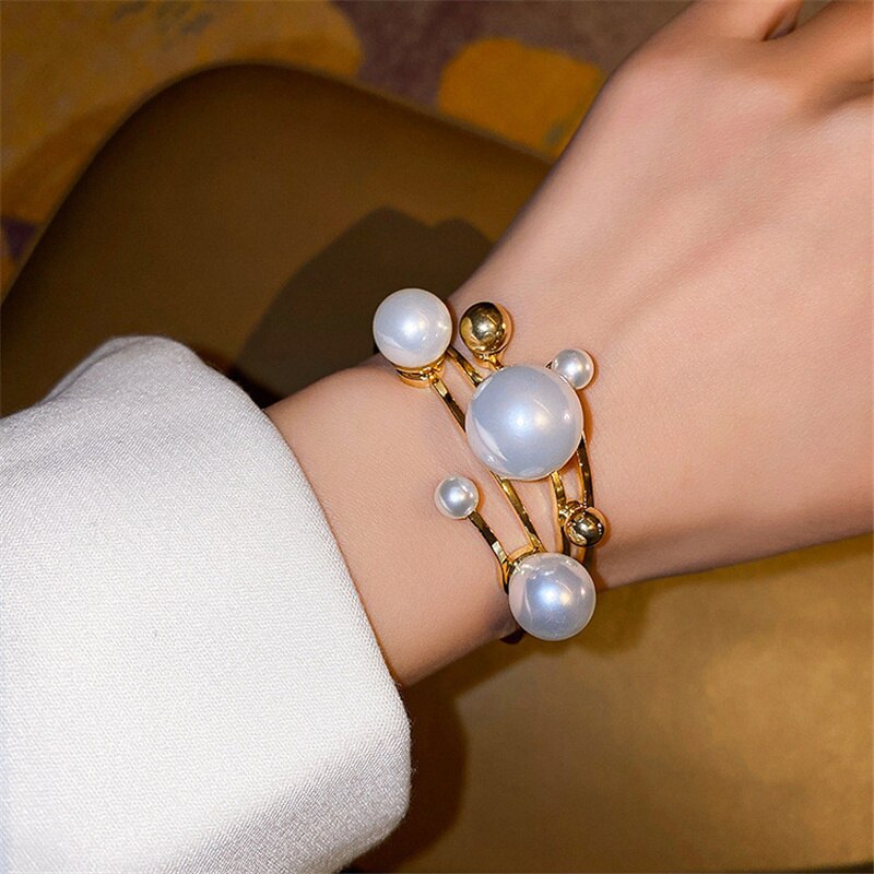 Fyuan Grote Parel Manchet Armband Voor Vrouwen Geometrische Gouden Bal Armbanden &amp; Bangles Bruiloften Party Sieraden