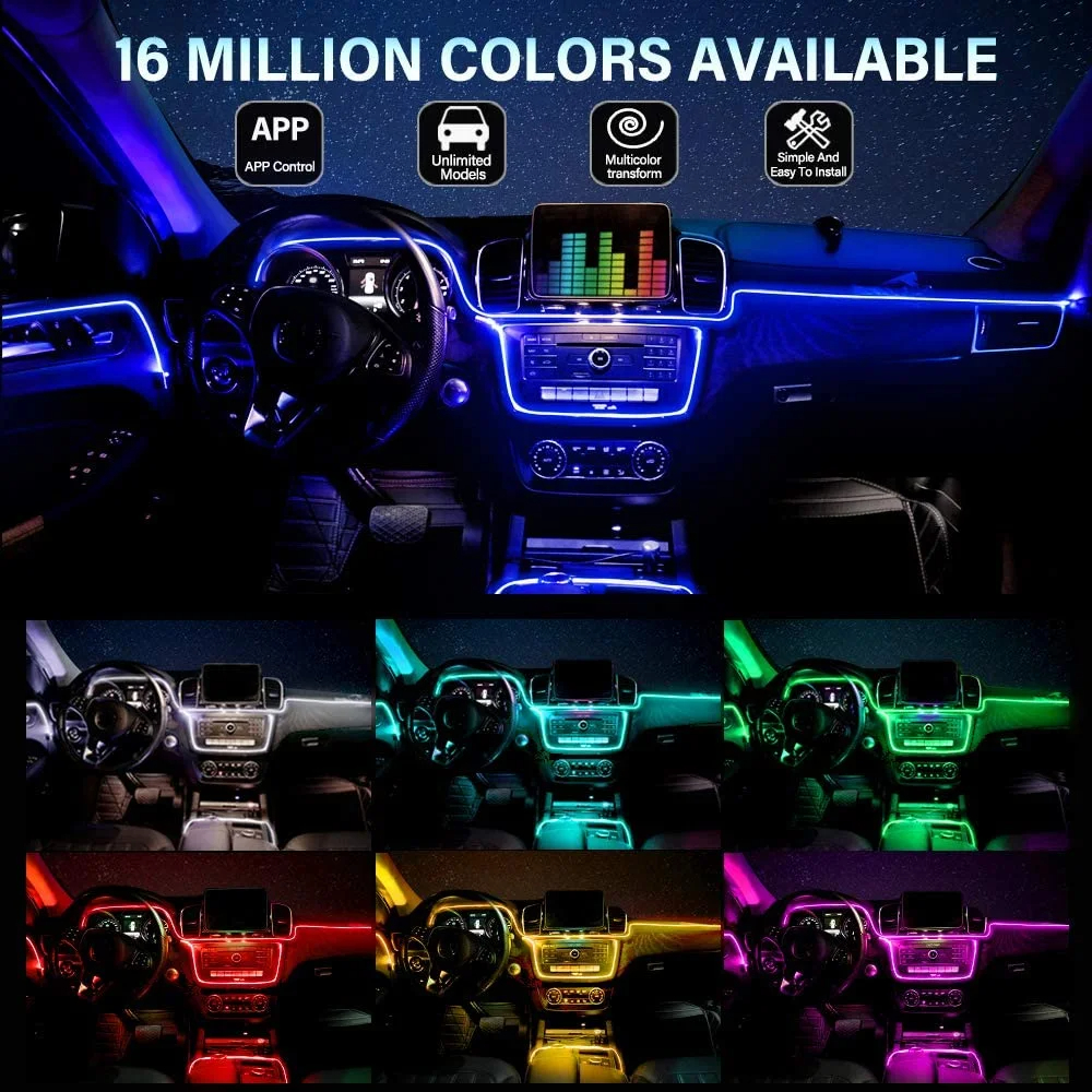 Iluminación LED ambiental de neón para coche, 6 en 1, 8m, RGB, tira de luz Interior de ambiente, Control por aplicación de fibra óptica, Lámpara decorativa LED automática