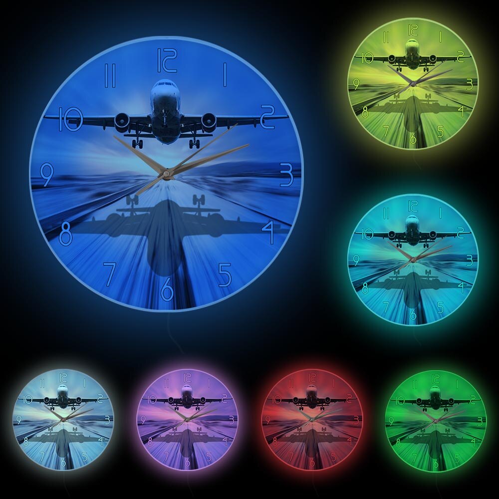 Landung der Passagier Flugzeug Moderne Wanduhr Luftfahrt Zauberstab Kunst Dekor Stille Bewegung Randlose Wanduhr Flugzeug: Weiß Rahmen mit LED