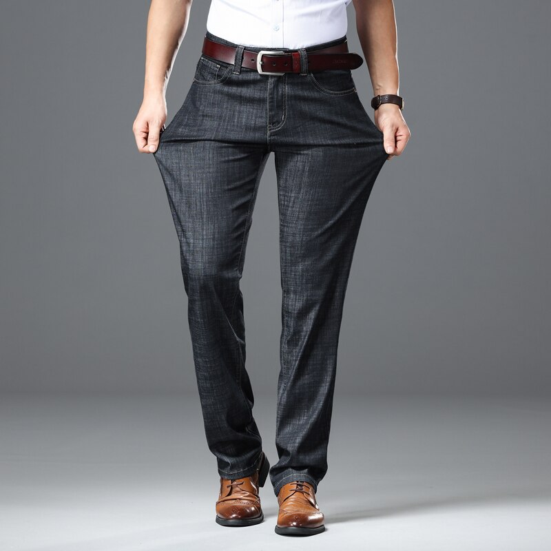 Quanbo isot koot 42 44 46 miesten ohuet kevyet farkut kesäiset business casual stretch klassiset farkkuhousut kapeat suorat housut