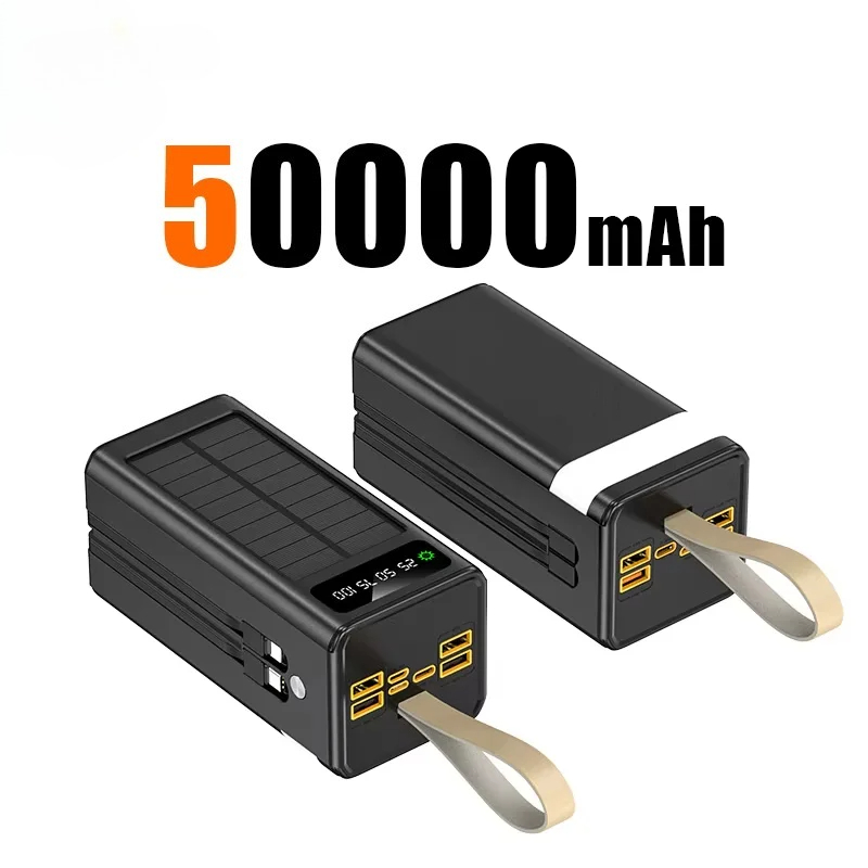 50000 mah solcelle-powerbank med stor kapacitet, indbyggede kabler, eksternt batteri, led-lys, bærbar oplader til iphone: Rød
