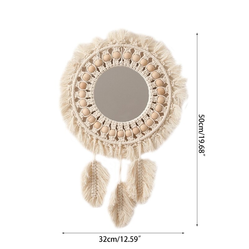 Woven Wall Hanging Mirror Boho Macrame Leaf Pendant Art Decoration for Apartment Living Room Bedroom Bathroom Baby Nursery