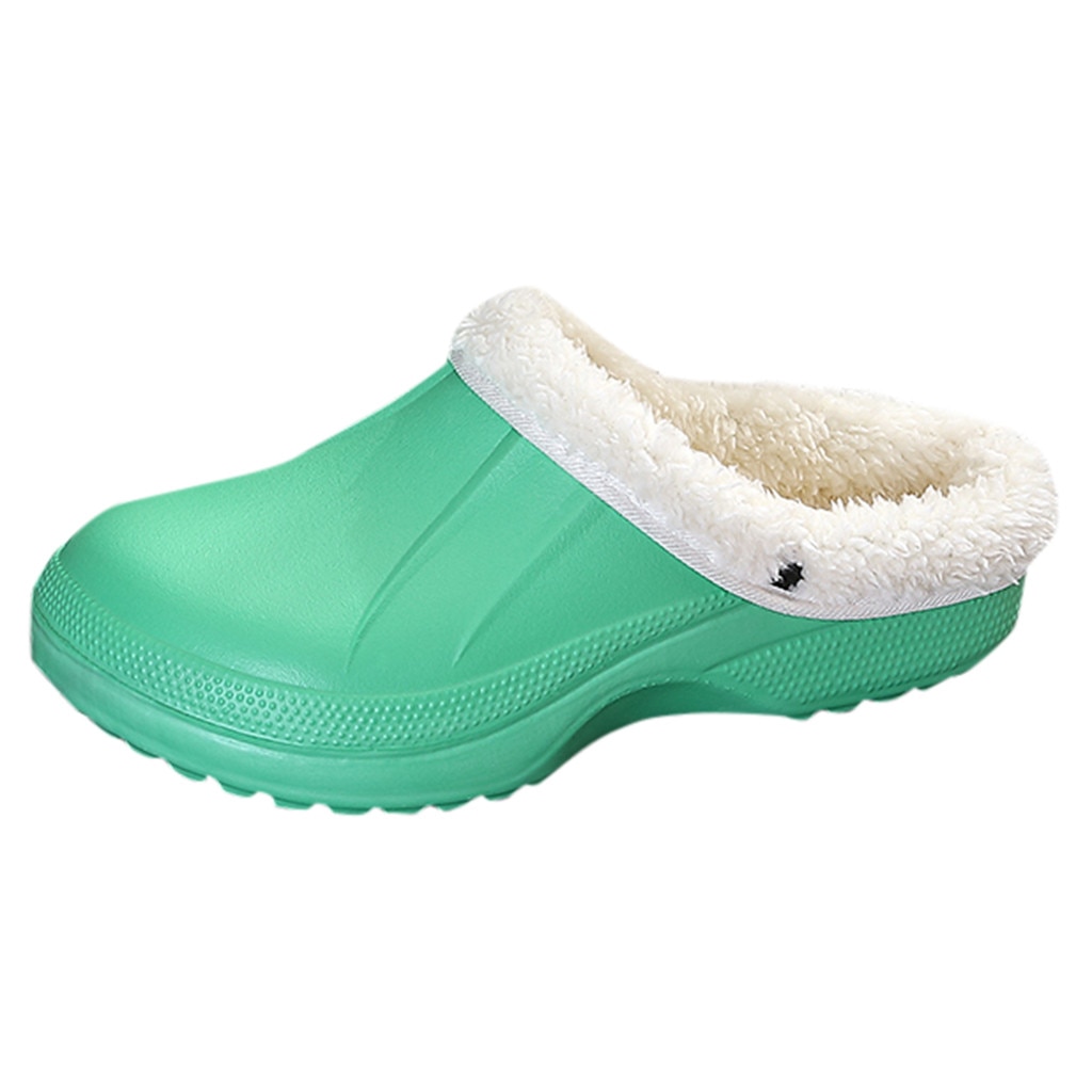 Unisex Warm Lined Slippers Home Waterproof Indoor And Outdoor Garden Shoes Stain Resistant Plus Winter Family Couple Slipper: Green / 39