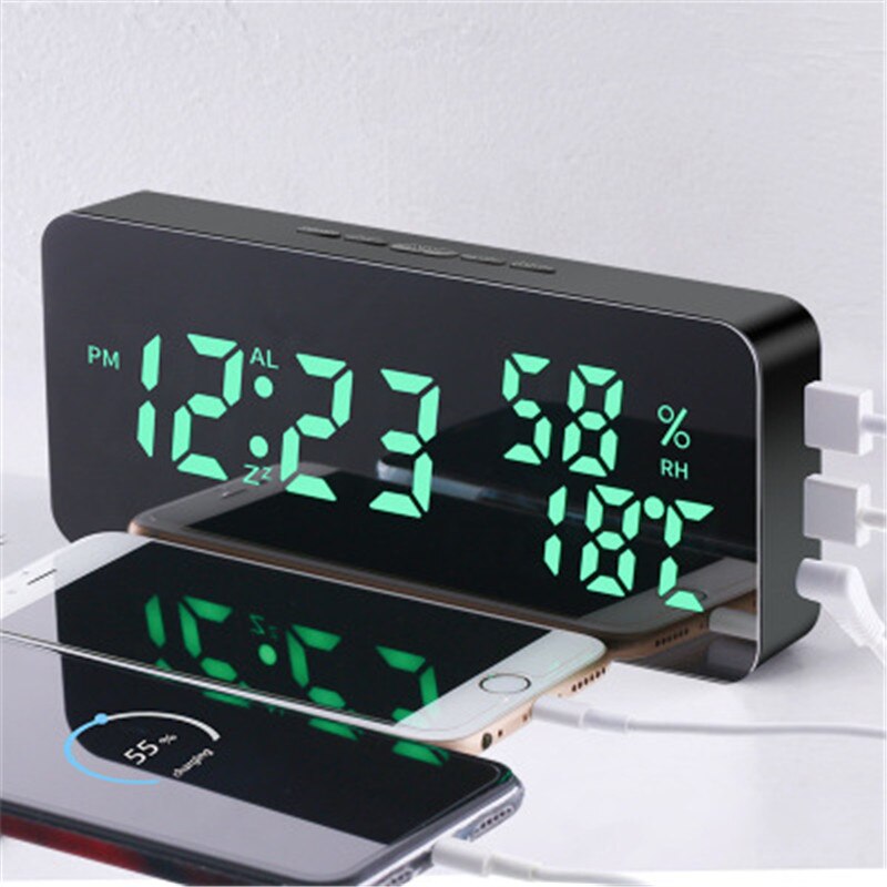 phone charging mirror wall-mounted alarm clock snooze sound control temperature and humidity LED color changing clock