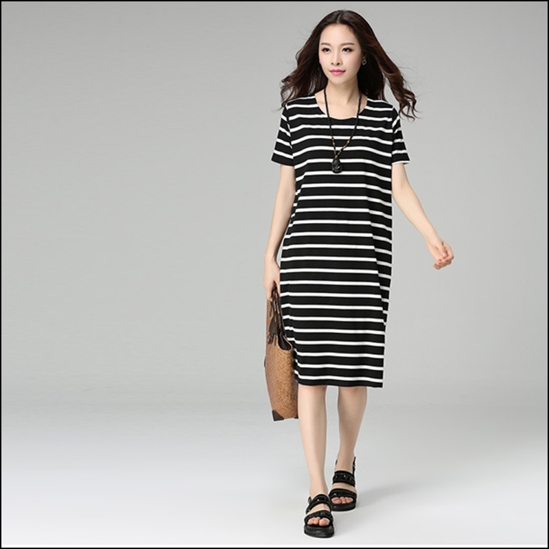 Korean Version Knitted Fat Plus-size Women's Summer Fat MM Stripes Long Thin Cotton ZZ011 S: 2 / M