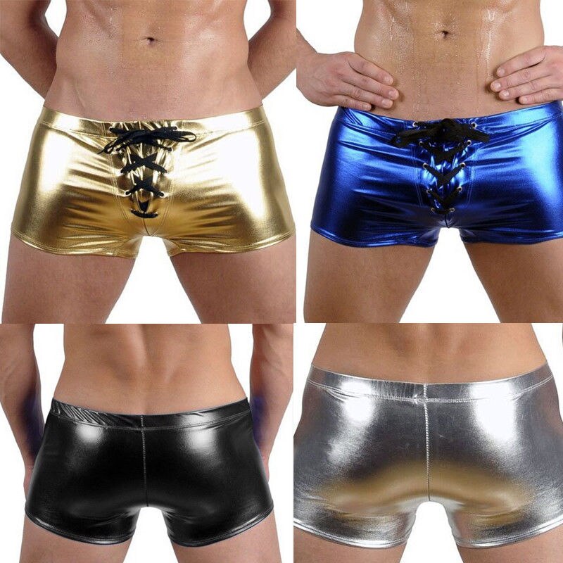 Hombres Sexy básicos brillante cuero de imitación de lujo boxeadores impermeable ropa interior de efecto mojado de latex corta bien vendaje ropa interior