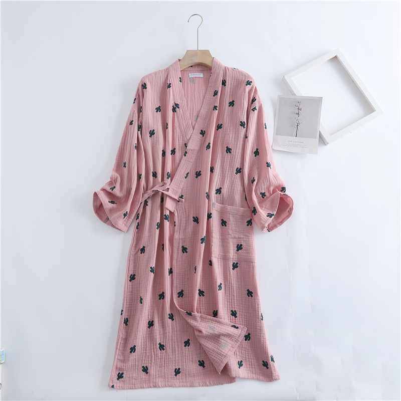 Autumn Women&#39;s Cotton Kimono Robe Cactus Print Long Robes Women Sleepwear Women&#39;s Home Clothes Gown for Women: Bean Paste Pink / XL