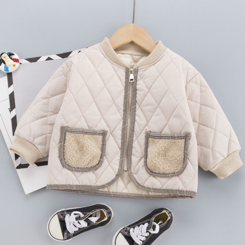 Jongens baby katoenen pak herfst winter meisjes gewatteerde jassen + broeken tweedelig kinderen warmte bovenkleding katoenen gewatteerde kleding: Beige / 110cm