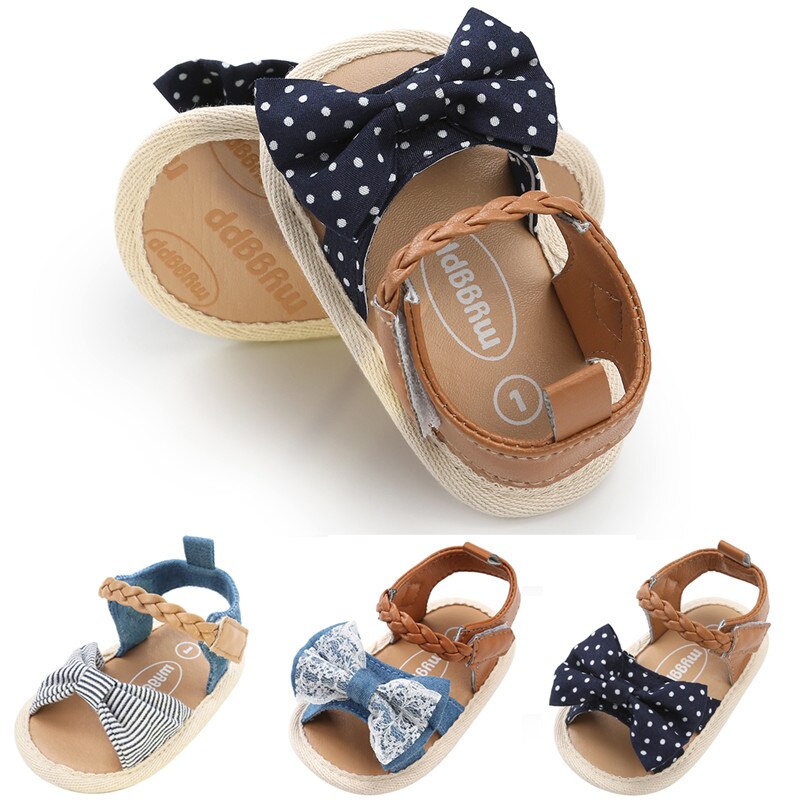 Baby Mädchen Bogen Sandalen Schuhe Flache Fersen Kleinkind freundlicher Sommer Party Hochzeit Schuhe Tupfen Spitze Streifen Prewalkers