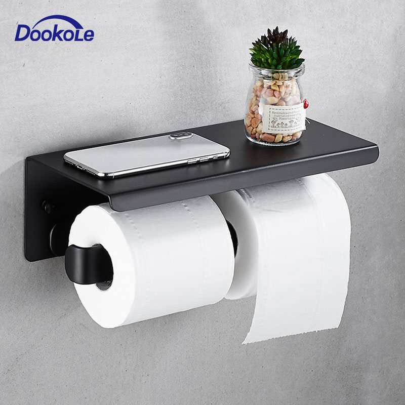 Dobbeltrulle toiletpapirholder hylde på vægmontering, badeværelse dobbelt tissue-rulleholder med telefoner / klude opbevaringsstativ mat sort