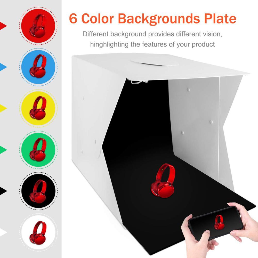 Mini mesa plegable portátil de 40cm, caja de estudio de fotografía, Softbox con 4 luces LED, agujero superior, kit de disparo, 6 colores de fondo