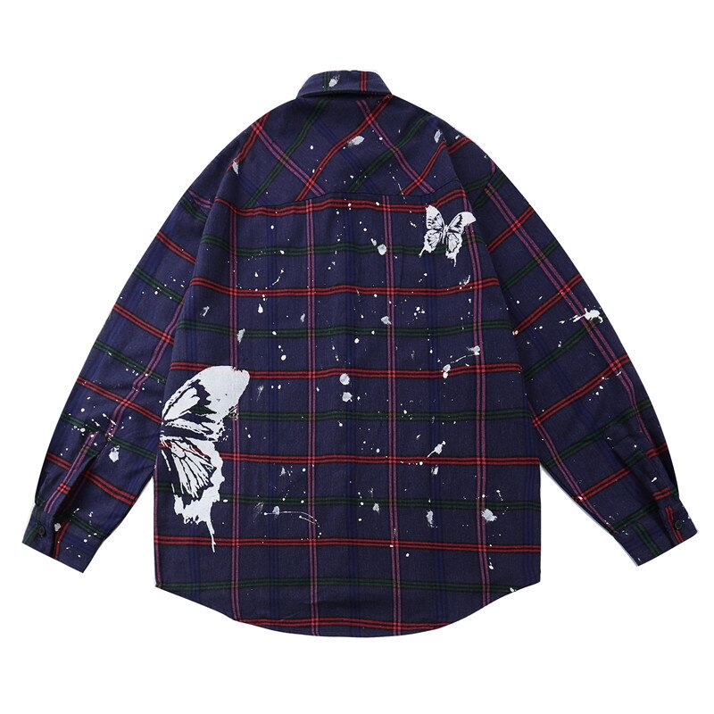 Camiseta a cuadros con estampado de mariposa para hombre, ropa de calle, otoño , Harajuku, Hip Hop, informal, vestido de botones suelto, WY150