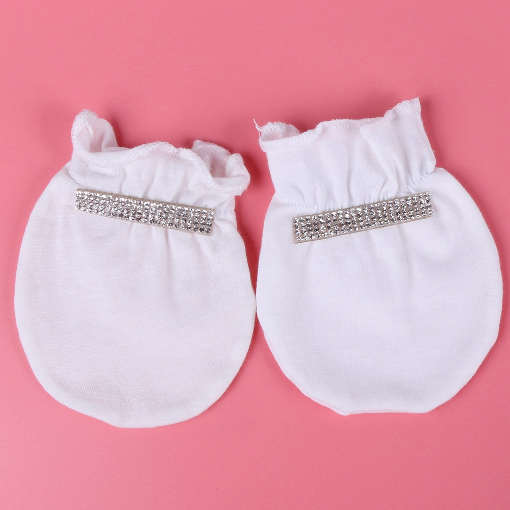 0-3 måneder nyfødte babyhandsker bomuld hvid farve rhinestone krone drengvante baby anti ridser handsker og vanter