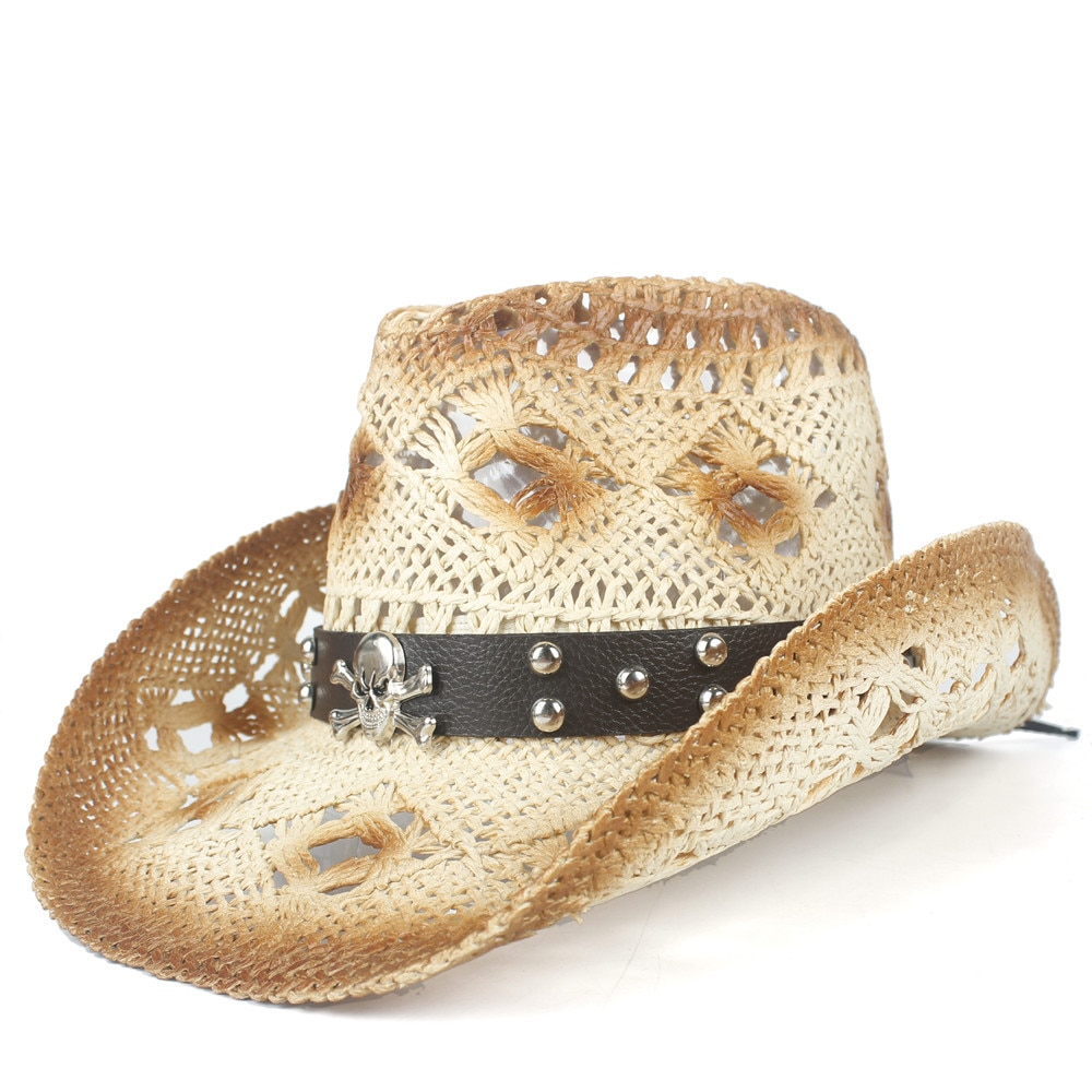 Punk Brand Straw Hollow Western Cowboy Hat Women Men Handmade Fedora Sombrero Hombre Beach Cowgirl Jazz Sun Hat Size