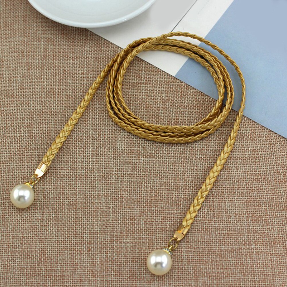 Thin Braid Women Belt Woven Tassel Pearl Waist Strap Boho Girls Waistband Waist Rope Waist Belts For Dress Accessories: Gold