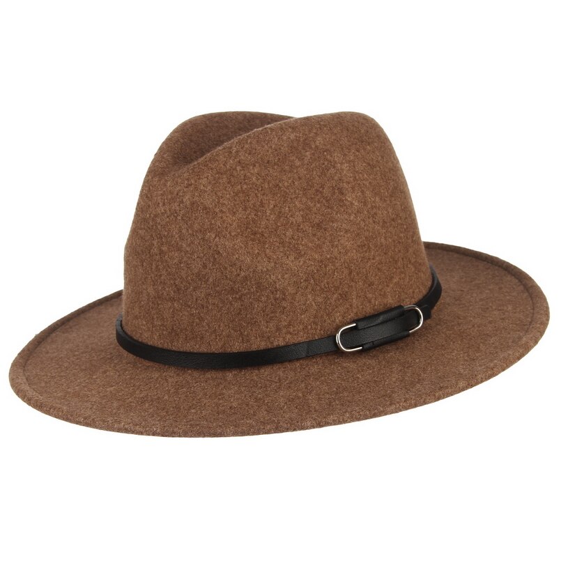 Gemvie bredskygget uld fedora filthat til kvinder varm efterår vinter panama hat jazz kasket med spænde læderbånd: Brun