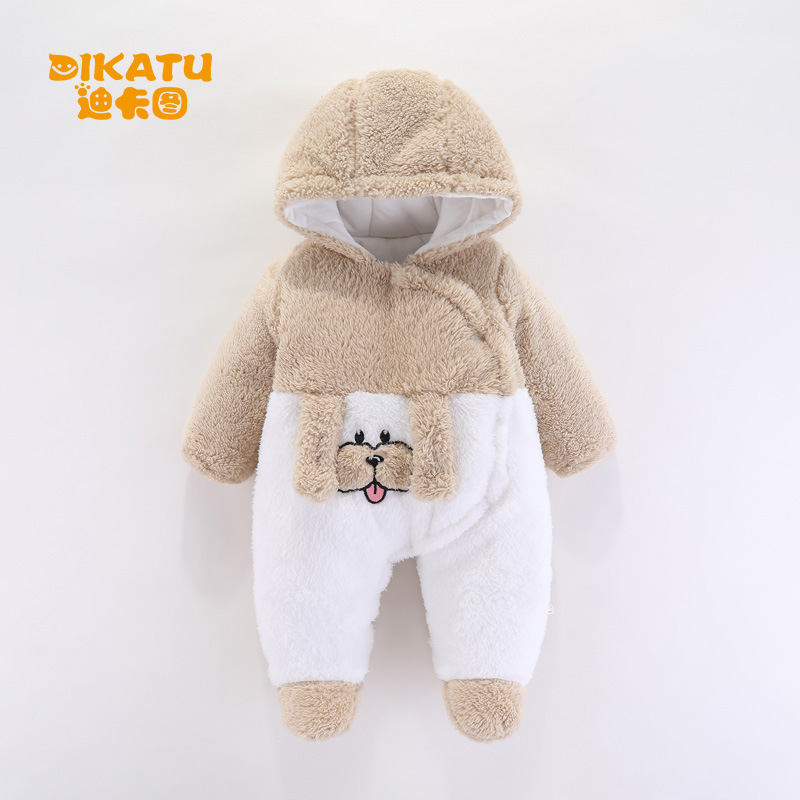 Boy Girl Hooded Jumpsuit Baby Winter Romper With Feet Kids Cartoon Rabbit Outfit Bodysuit Newborn Toddler Cotton Romper Pajamas: Khaki / 12m