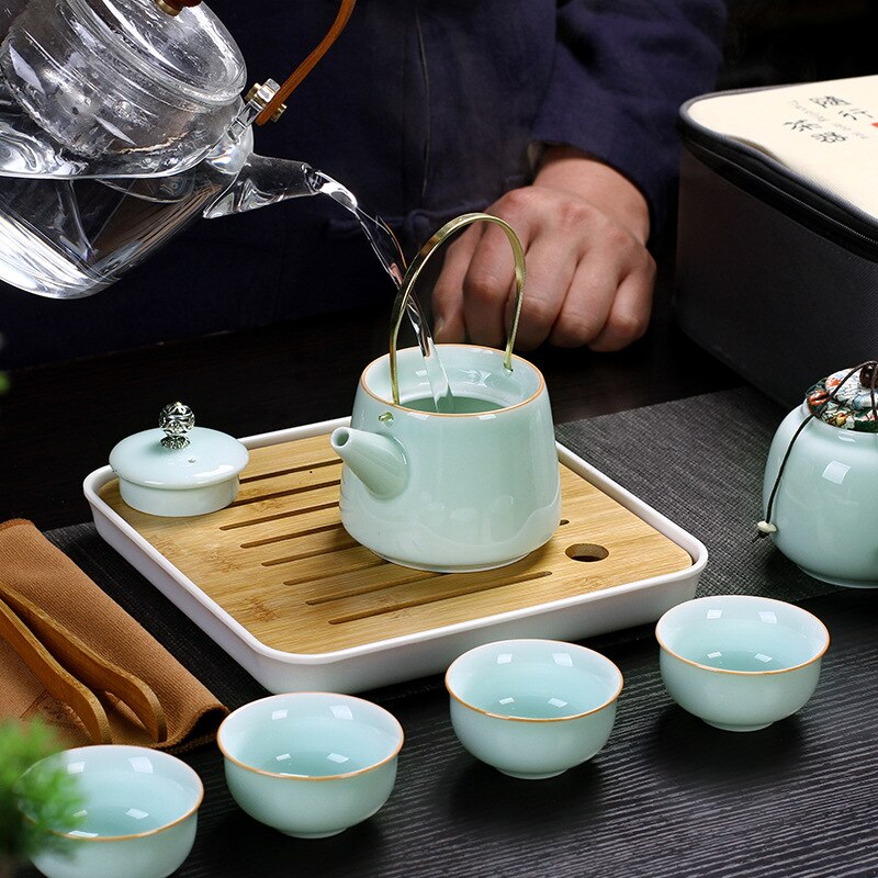 Chinese Travel Kung Fu Tea Set Ceramic Celadon Teapot Porcelain Teaset Gaiwan Tea Cups of Tea Ceremony Tea Pot With Travel Bag