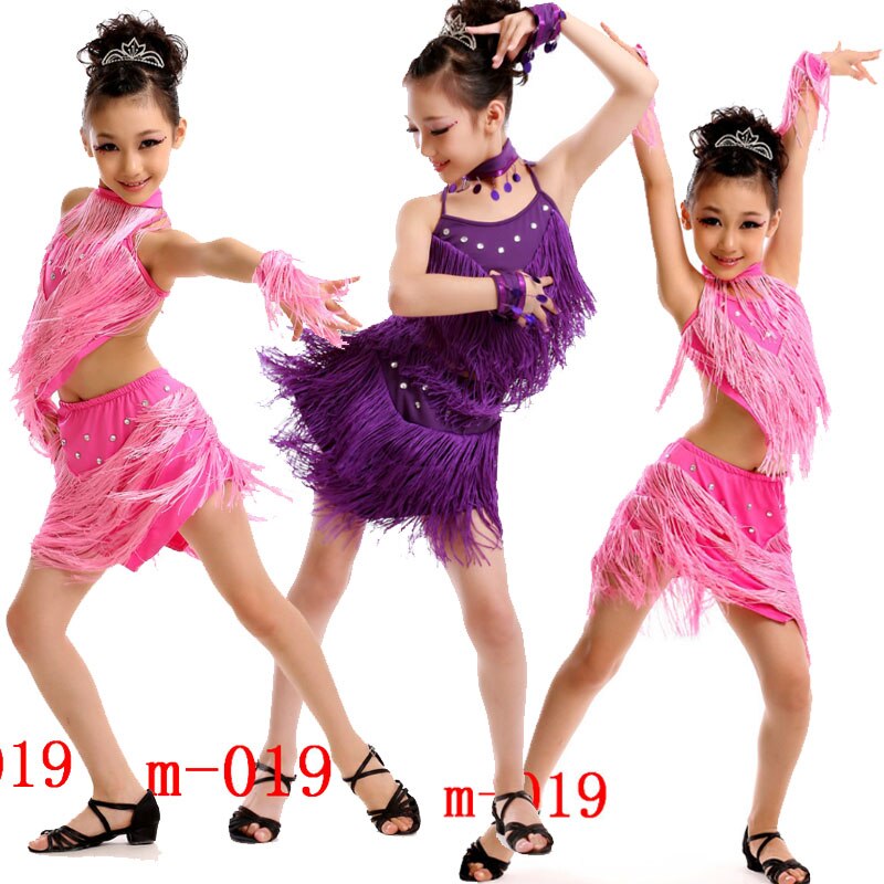 Children Sequined Latin Dance Dress Girl Salsa Stage wear Tassels Dancing Costume Kids Skating Dance Dress Gymnastics Costumes