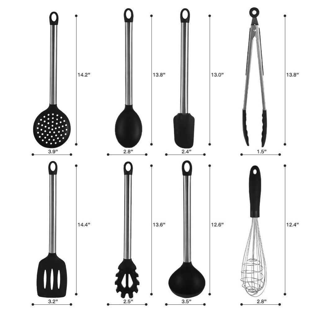 9Pcs Silicone Cooking Utensils Set Stainless Steel Handle Kitchen Utensil Set with Storage Box Serving Spatula Spoon Tongs Whisk