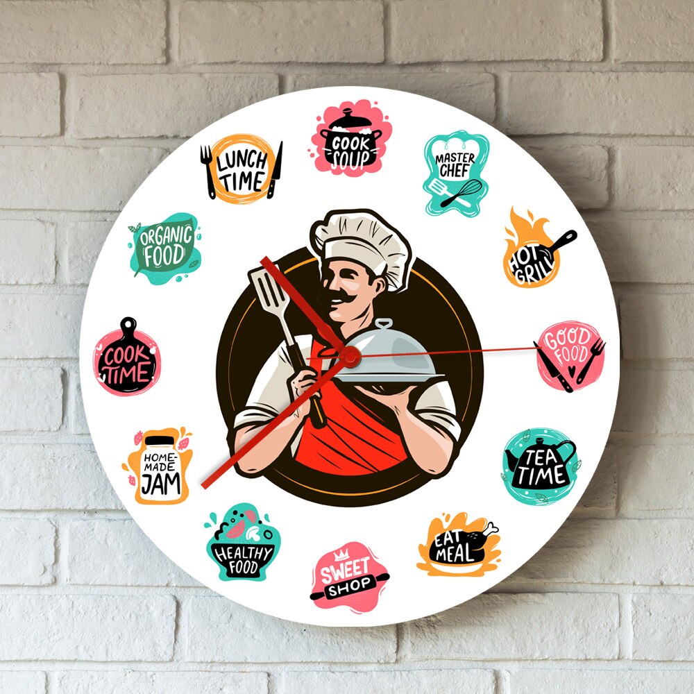 Cooking Food Baking Foods Wall Clock Kitchen Chef Holding a Tray Restaurant Decorative Wall Hanging Watch Non Ticking Mechanism