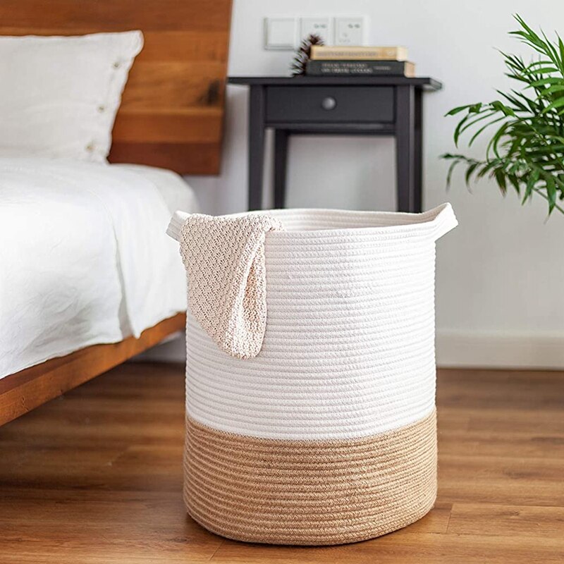 Bomulds rebkurv, vævet opbevaringskurv og tæppekurv , 41 x 45cm dekorativ kurv til legetøj, vasketøjskurv med håndtag