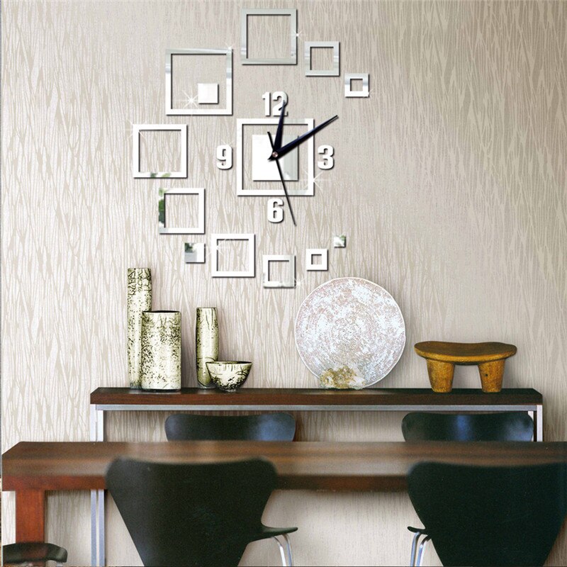Mirror Acrylic Strickers Wall Clock Square Stacked Self-adhesive 3D DIY Stylish Art Clocks for Hall Decoration Living Room Decor