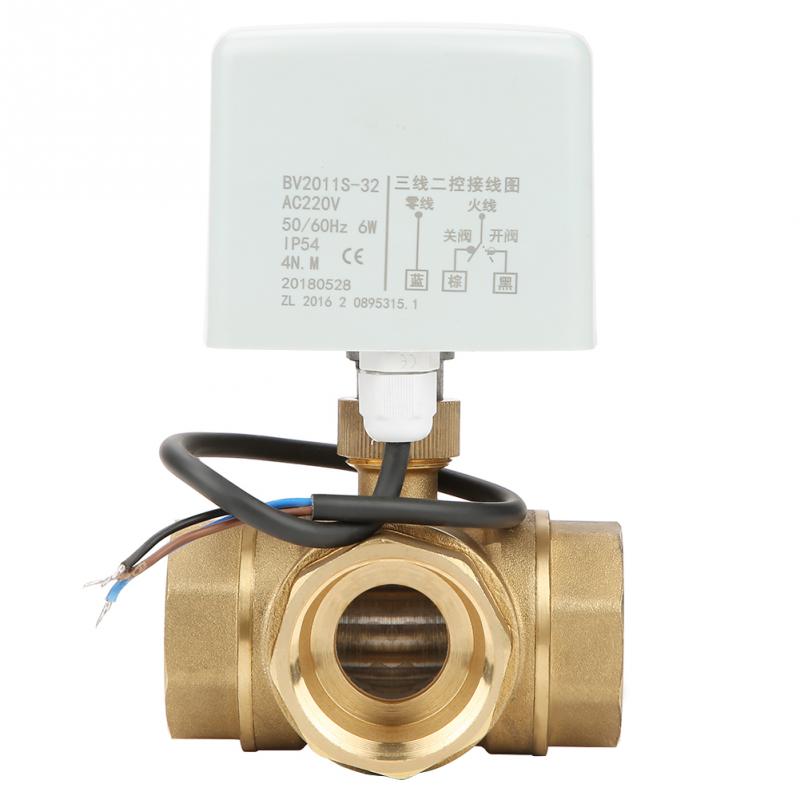 DN32 Ball Valve G1-1/4 Brass 3 Way Motorized Ball Electrical Valve for Air Conditioner AC220V actuator de-energize valve