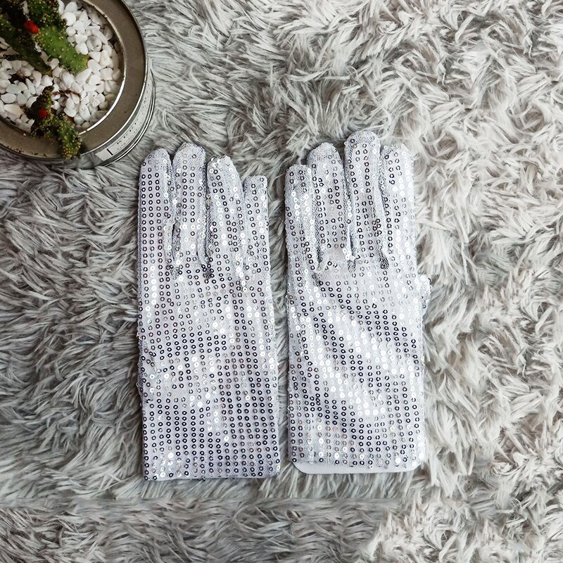 Guantes brillantes Unisex para adultos y niños, con lentejuelas y purpurina, para actuaciones en escenario, baile brillante, , disfraz, mitones elásticos: Blanco