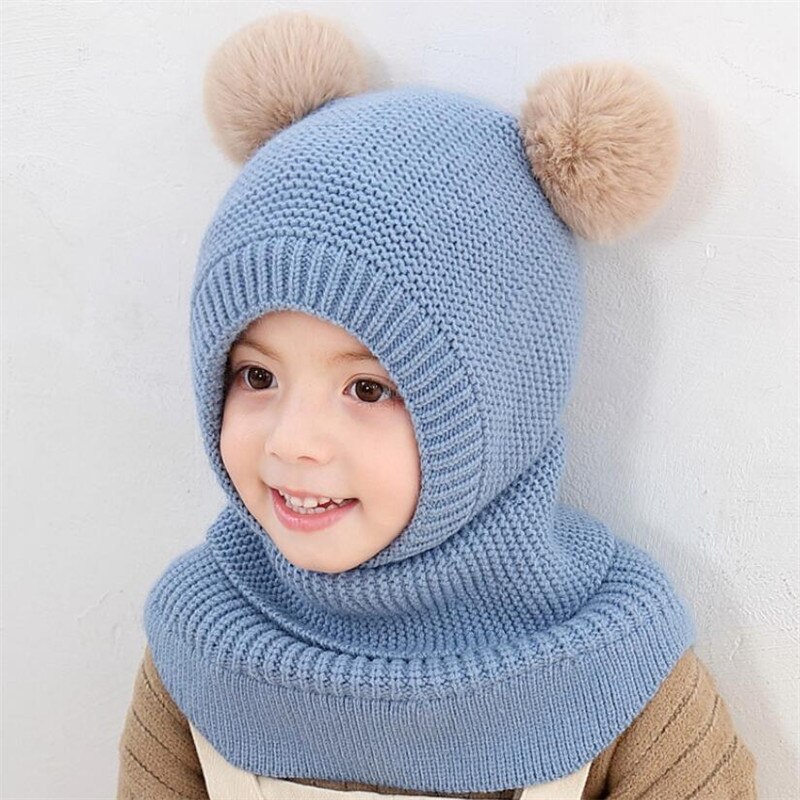 tricot à capuche écharpe enfants chapeau et écharpe enfant avec masque hiver Protection chaude oreille Pom Cap écharpes filles garçon accessoires