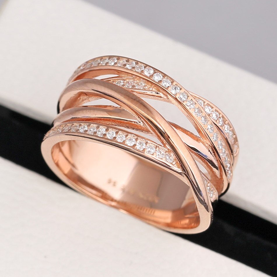 925 Sterling Silver Ring Rose Gold Openwork Eternity Entwined Crystal Rings For Women Wedding Party Fine Europe Jewelry