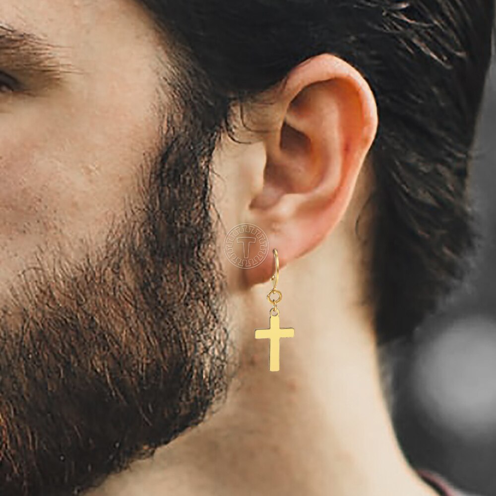 Cross Pendant Earrings For Men Women Simple Gold Color Stainless Steel Dangle Earrings Christian Punk Jewelry LKE209