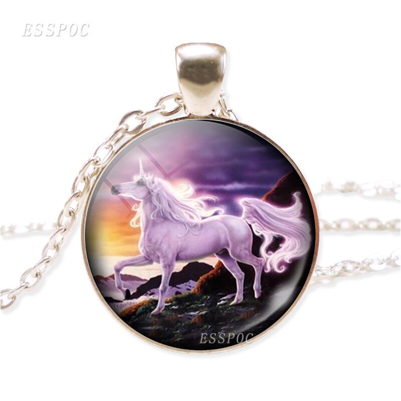 NPKDS di Modo Nuovo Collana In Lega di Zinco di Vetro Del Pendente Rotondo. Unicorn Tempo Gioiello Della Catena Del Maglione Preferito Regalo Di Compleanno: Asaka Unicorn