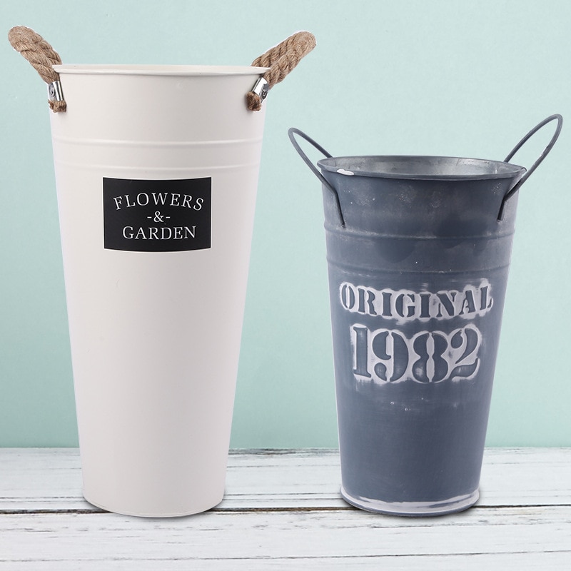 Retro White Flower Bucket Metal Flower Pot Floral Plants Iron Storage Container Garden Home Tabletop Decoration